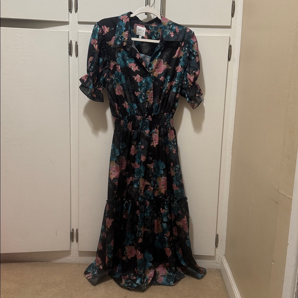 Misa Los Angeles Floral Midi Dress - Black and Pink